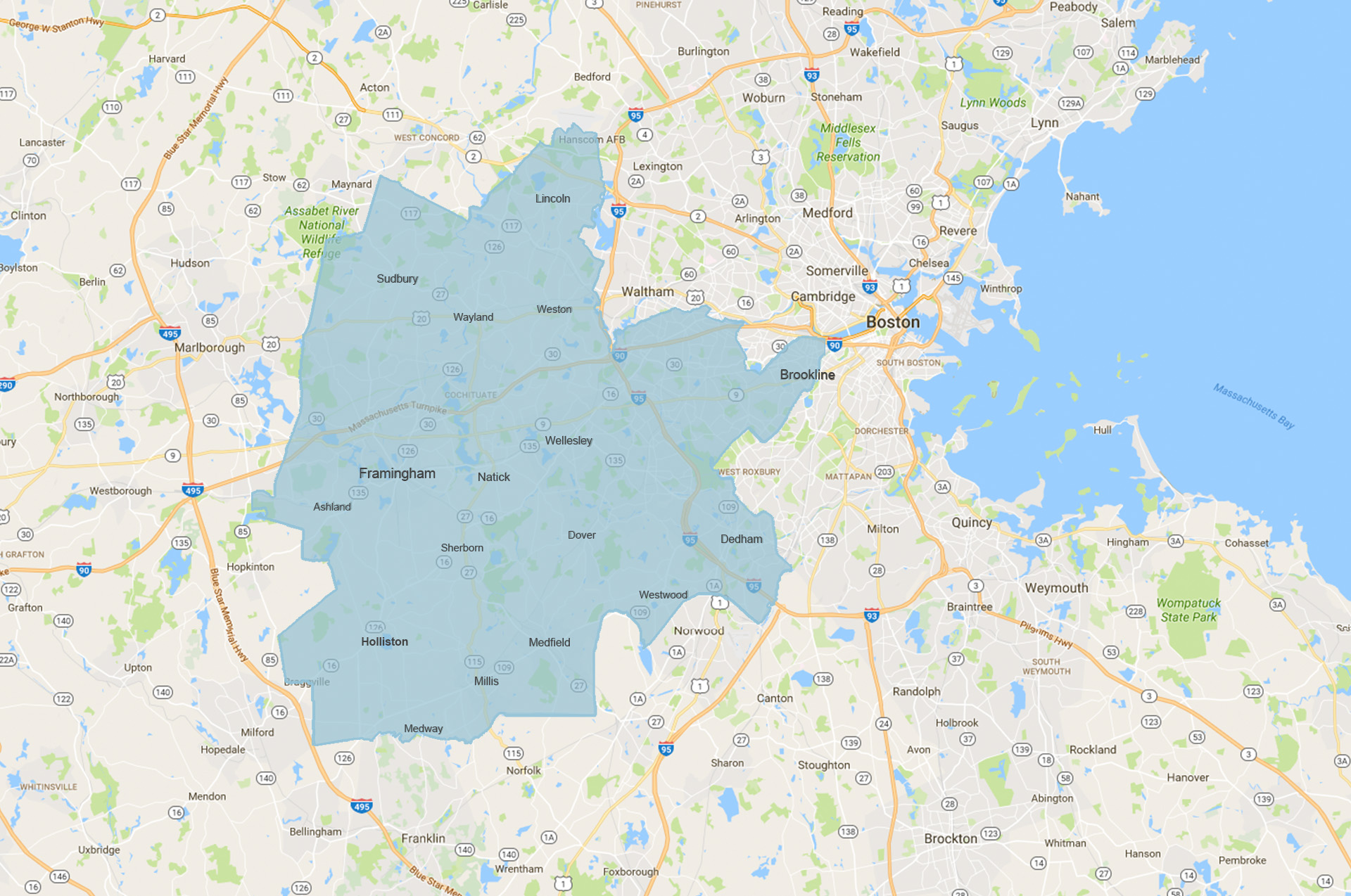 Woodacre HVAC service area map covering MetroWest Boston